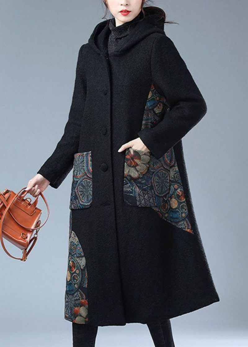 Modern Svart Huva Tryck Varm Fleece Ull Trenchcoat Vinter - Trenchcoats för kvinnor