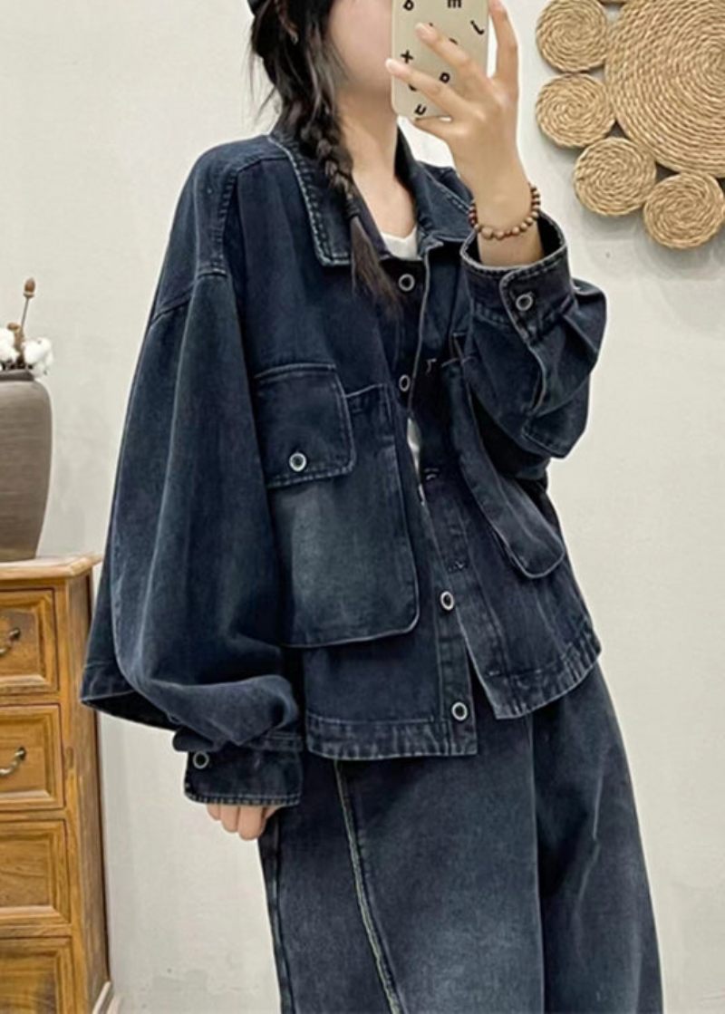 Moderna Blå Knappfickor Patchwork Denimrock Höst - Vinterkappor för kvinnor