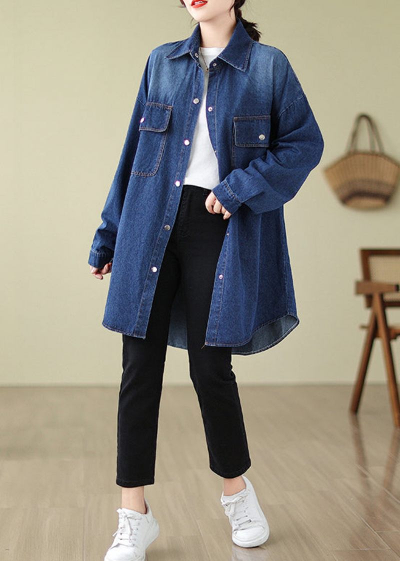 Moderna Denimblå Överdimensionerade Fickor Bomull Coat Spring - Trenchcoats för kvinnor