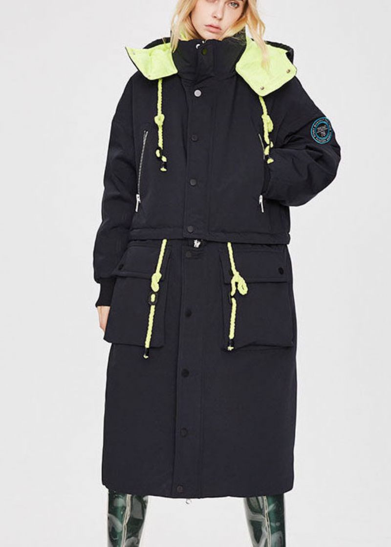 Moderna Svarta Fickor Button Tjock Förlänger Vinter Duck Down Coat