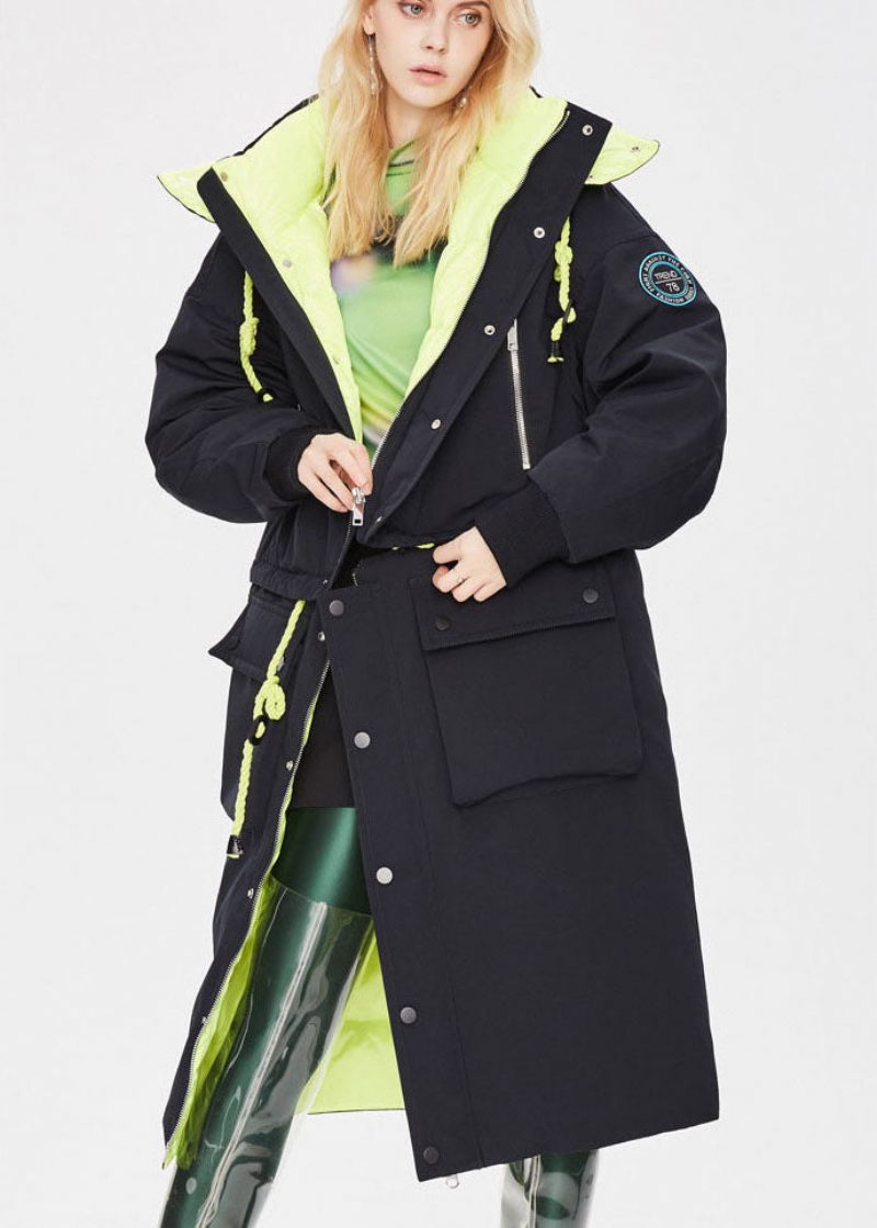 Moderna Svarta Fickor Button Tjock Förlänger Vinter Duck Down Coat - Svart