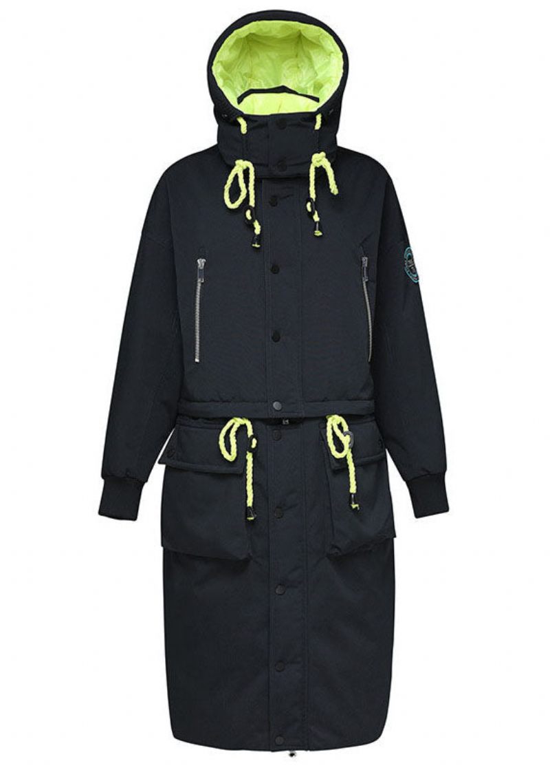 Moderna Svarta Fickor Button Tjock Förlänger Vinter Duck Down Coat - Svart