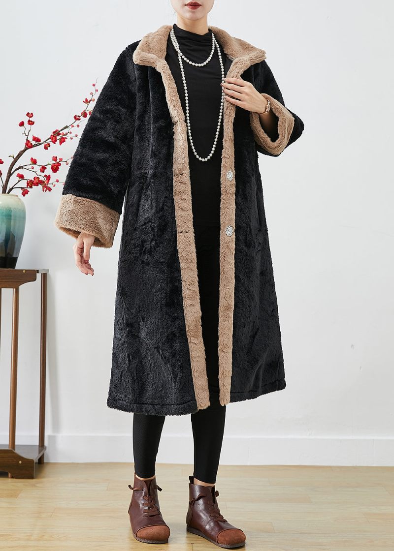Monterad Svart Oversized Patchwork Tjock Fuzzy Fur Fluffy Jacka Fall