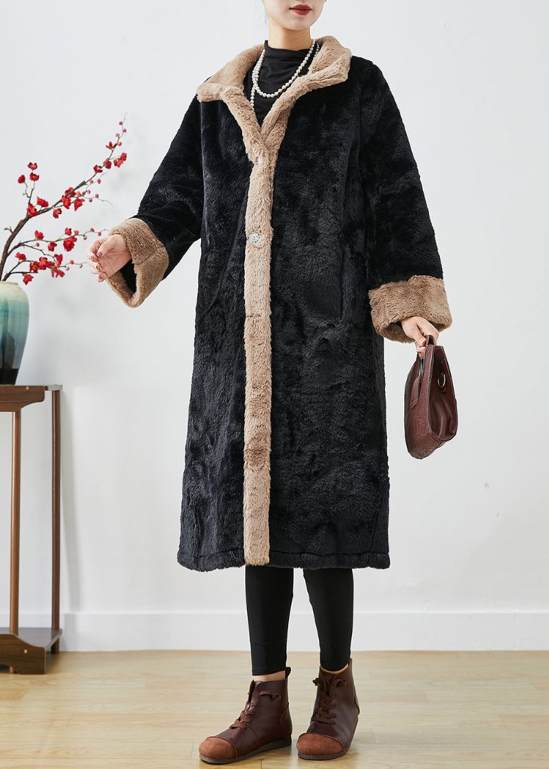 Monterad Svart Oversized Patchwork Tjock Fuzzy Fur Fluffy Jacka Fall - Trenchcoats för kvinnor