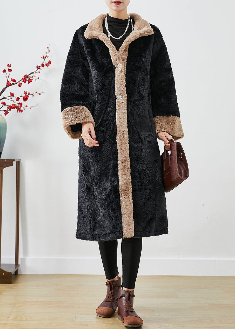 Monterad Svart Oversized Patchwork Tjock Fuzzy Fur Fluffy Jacka Fall - Trenchcoats för kvinnor