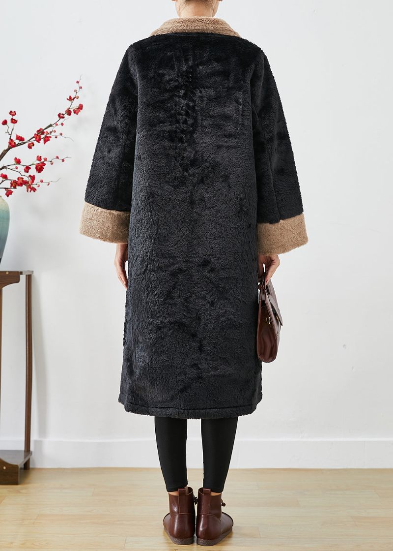 Monterad Svart Oversized Patchwork Tjock Fuzzy Fur Fluffy Jacka Fall - Trenchcoats för kvinnor
