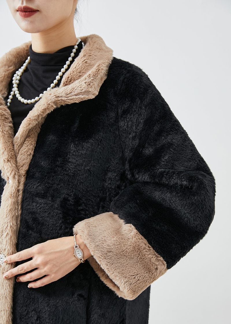 Monterad Svart Oversized Patchwork Tjock Fuzzy Fur Fluffy Jacka Fall - Trenchcoats för kvinnor