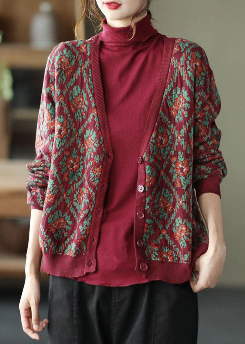 Mulberry Print Knit Loose Cardigan V-ringad Knappfjäder - Koftor för kvinnor
