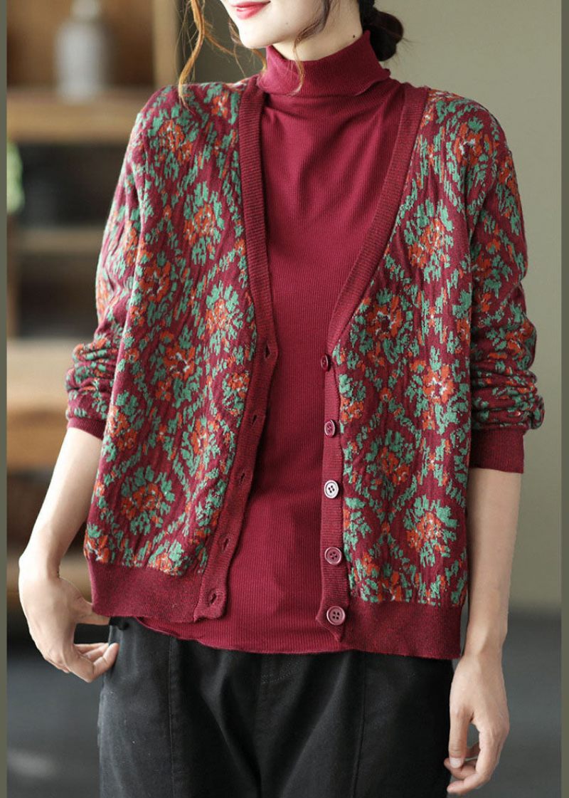 Mulberry Print Knit Loose Cardigan V-ringad Knappfjäder - Koftor för kvinnor