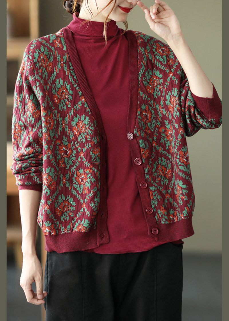 Mulberry Print Knit Loose Cardigan V-ringad Knappfjäder - Koftor för kvinnor
