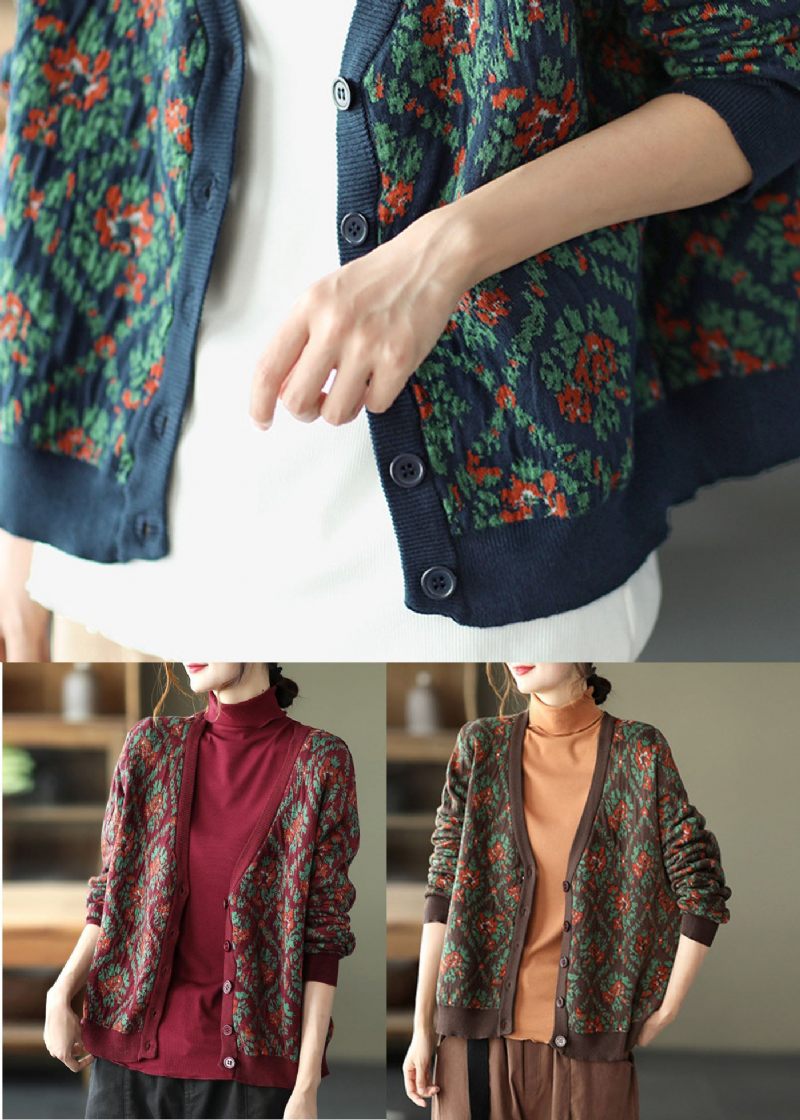 Mulberry Print Knit Loose Cardigan V-ringad Knappfjäder - Koftor för kvinnor