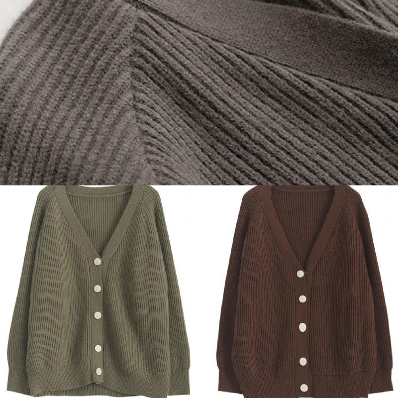 Mysig Choklad Casual Vinterstickade Sweattops V-ringad - Choklad
