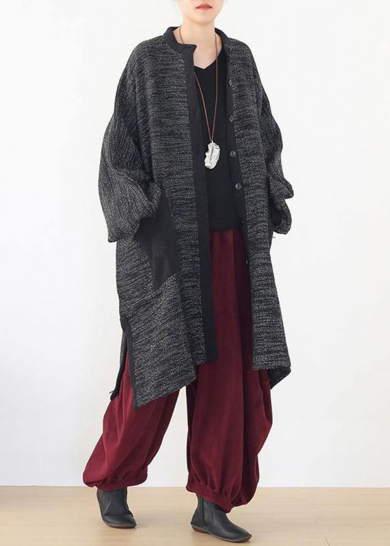 Mysig Sida Öppen Stickad Sweat Tops Plus Size Kläder Svarta Stora Fickor Tröja Kappa - Trenchcoats för kvinnor