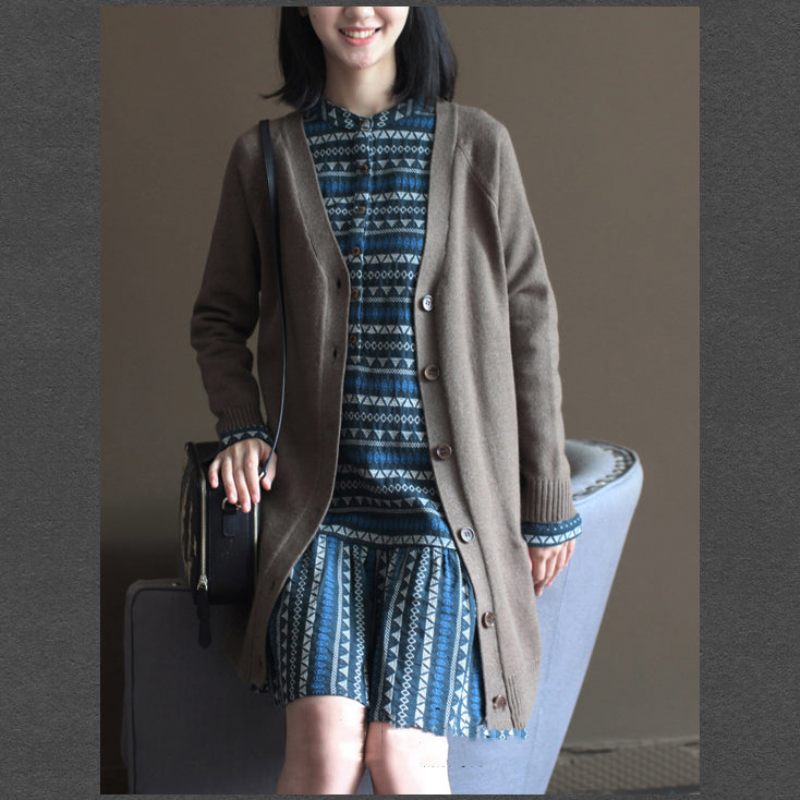 Naken Vintage Kaninull Blandade Tröja Kappor Plus Size Casual Långärmade Stickade Cardigans - Choklad