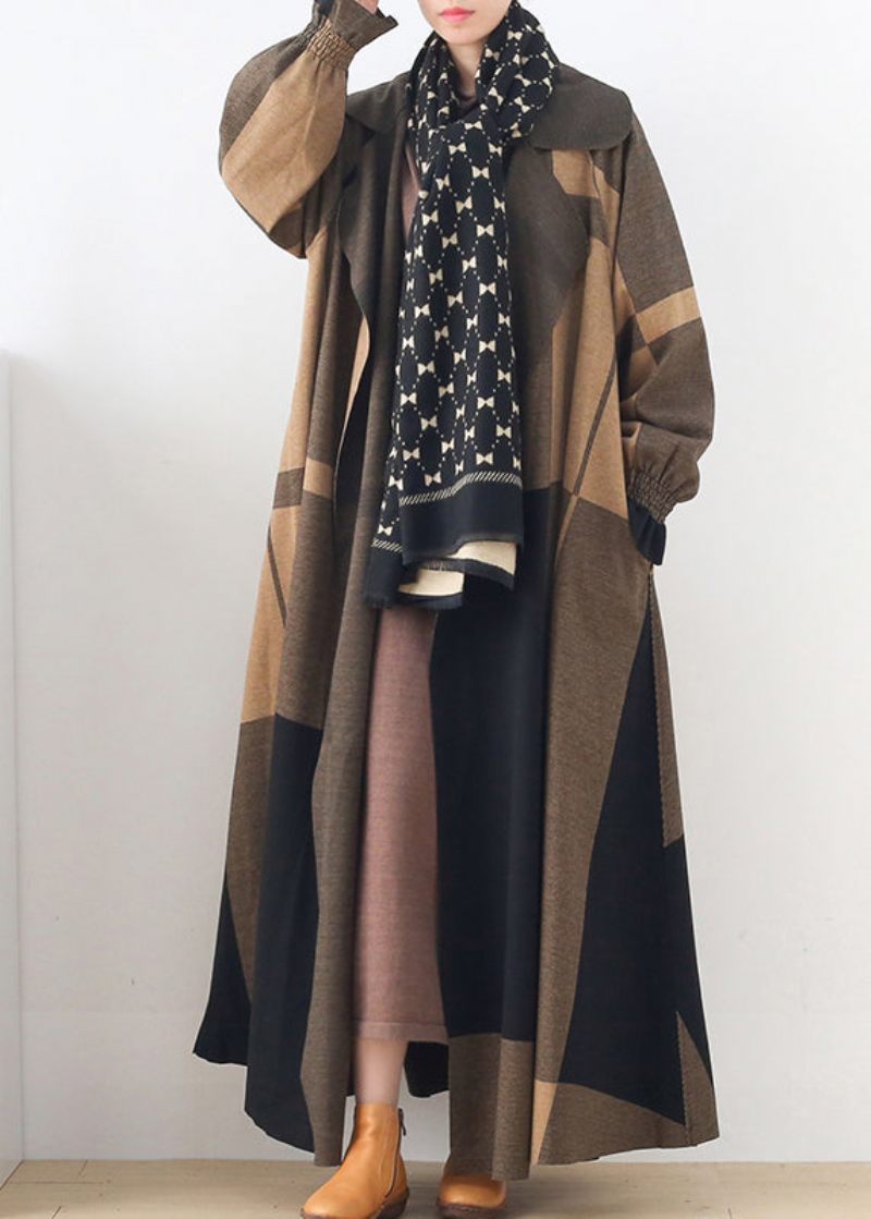 Naturlig Aprikos Peter Pan Krage Plädfickor Ull Trench Coats Långärmad - Trenchcoats för kvinnor