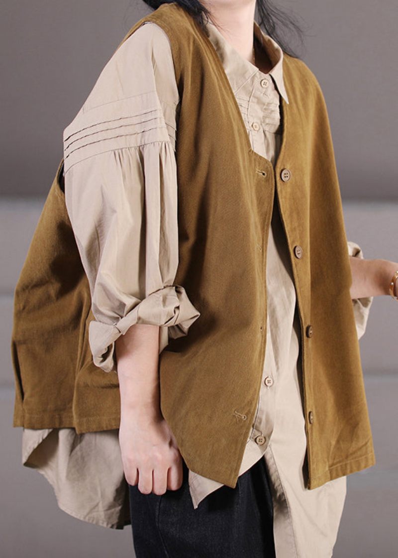 Naturlig Khaki V-halsknapp Solid Väst Höst - Kaki