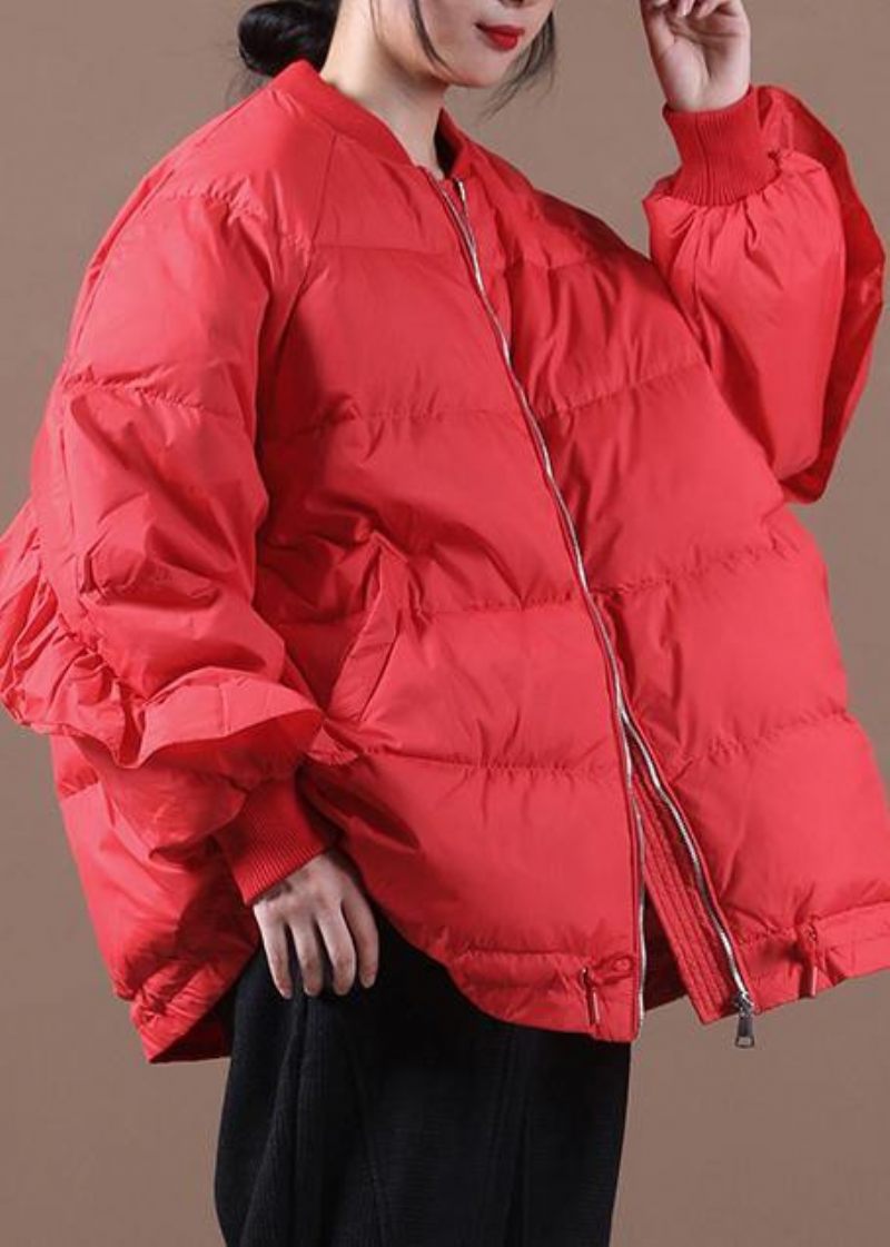 Ny Avslappnad Damparka Jackor Röd Stativkrage Ruffles Varm Vinterkappa - Svart