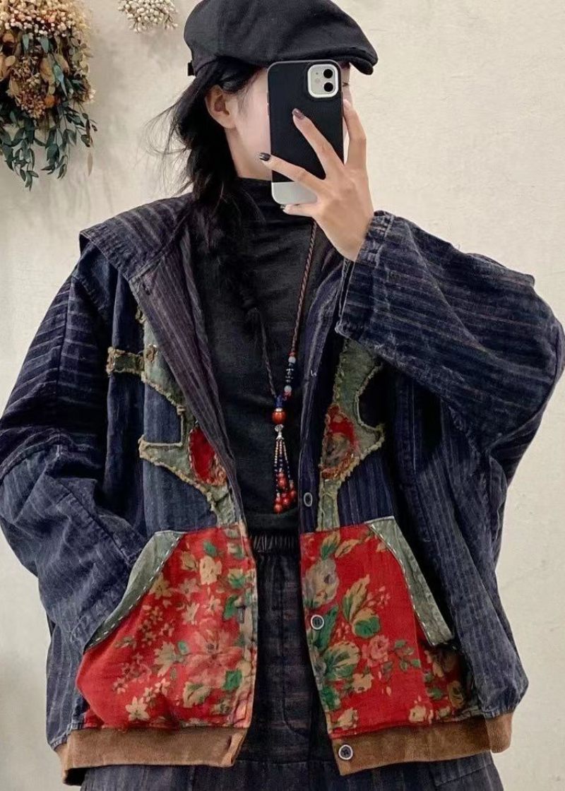 Ny Blå Fickor Print Patchwork Denim Hooded Coat Fall - Vinterkappor för kvinnor