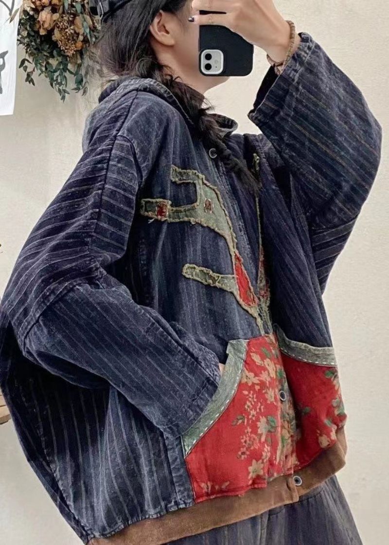 Ny Blå Fickor Print Patchwork Denim Hooded Coat Fall - Vinterkappor för kvinnor