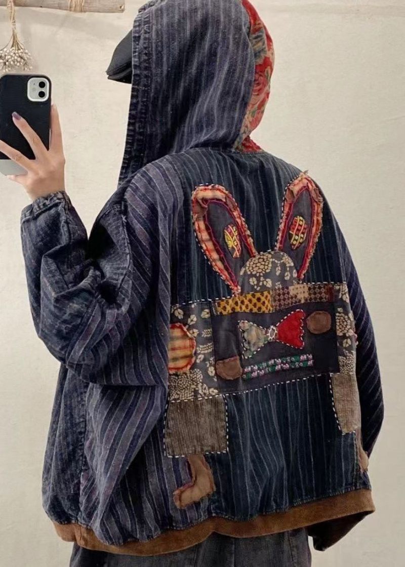 Ny Blå Fickor Print Patchwork Denim Hooded Coat Fall - Vinterkappor för kvinnor