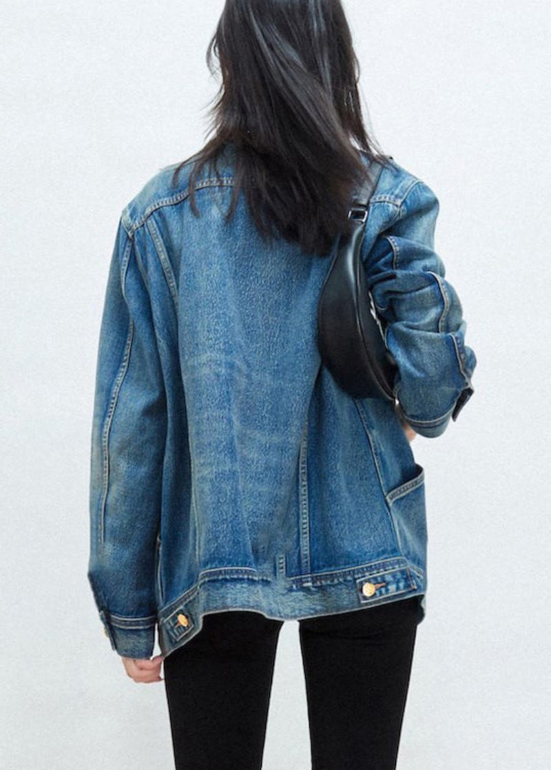 Ny Blå Peter Pan Krage Knapp Patchwork Denimrock Höst - Vinterkappor för kvinnor