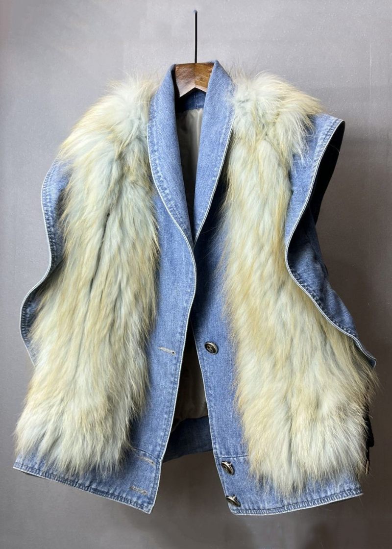 Ny Blå Volang Fuzzy Päls Fluffig Patchwork Jeansväst Ärmlös - Vinterkappor för kvinnor
