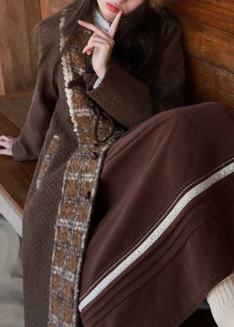 Ny Brun Peter Pan Krage Fickor Patchwork Yllerock Vinter - Vinterkappor för kvinnor