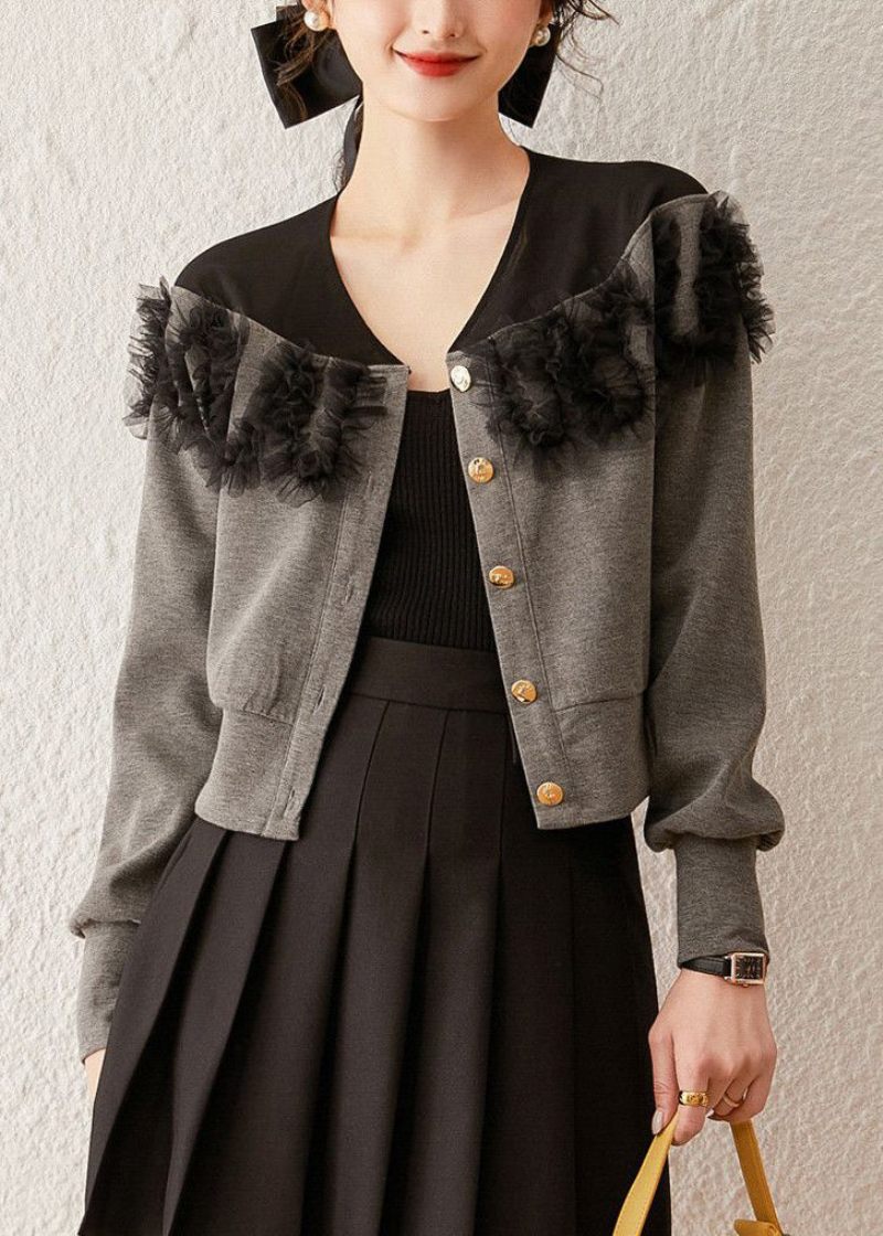 Ny Grå Knapp Tyll Patchwork Coat Spring - Vinterkappor för kvinnor