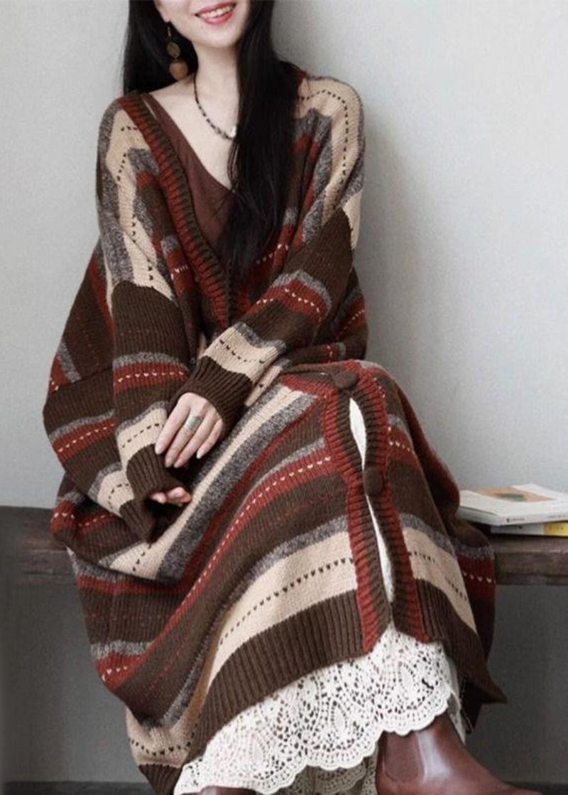 Ny Kaffe V-hals Randig Knapp Patchwork Mysig Stickad Lös Kappa Höst