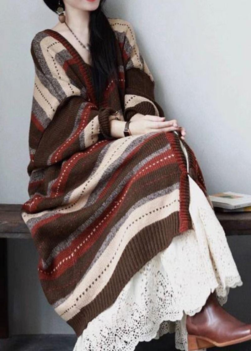 Ny Kaffe V-hals Randig Knapp Patchwork Mysig Stickad Lös Kappa Höst - Koftor för kvinnor