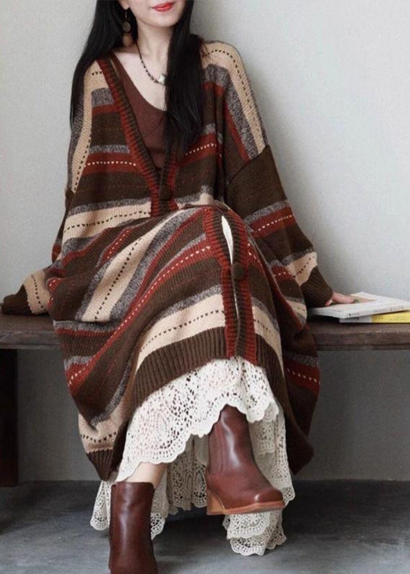 Ny Kaffe V-hals Randig Knapp Patchwork Mysig Stickad Lös Kappa Höst - Koftor för kvinnor