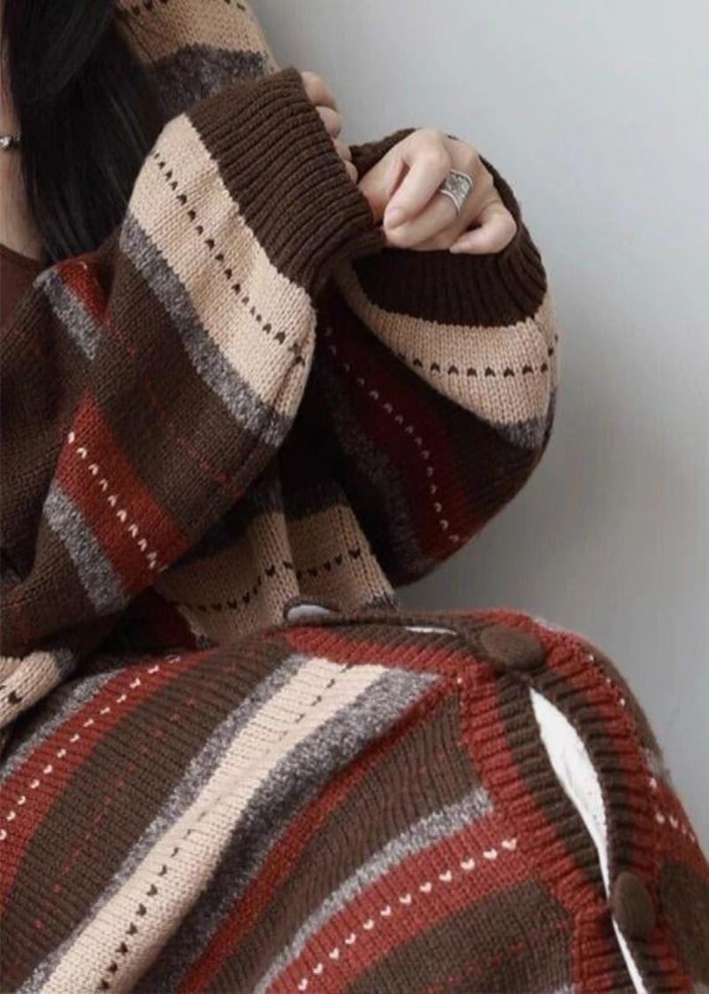 Ny Kaffe V-hals Randig Knapp Patchwork Mysig Stickad Lös Kappa Höst - Koftor för kvinnor