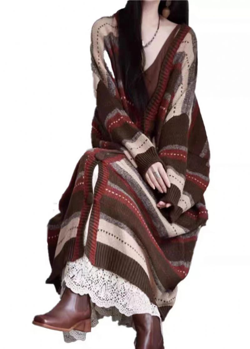 Ny Kaffe V-hals Randig Knapp Patchwork Mysig Stickad Lös Kappa Höst - Koftor för kvinnor