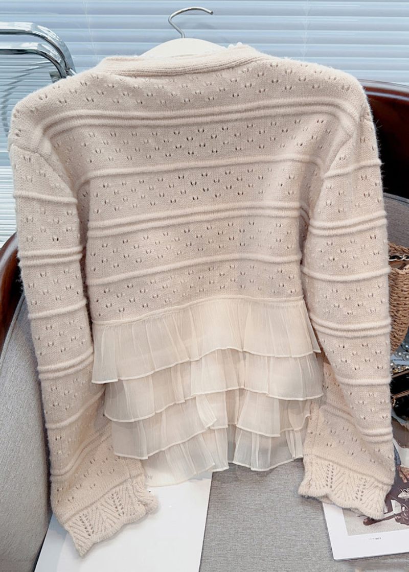 Ny Ljus Khaki Ruffled Pearl Patchwork Stickad Cardigan Spring - Koftor för kvinnor