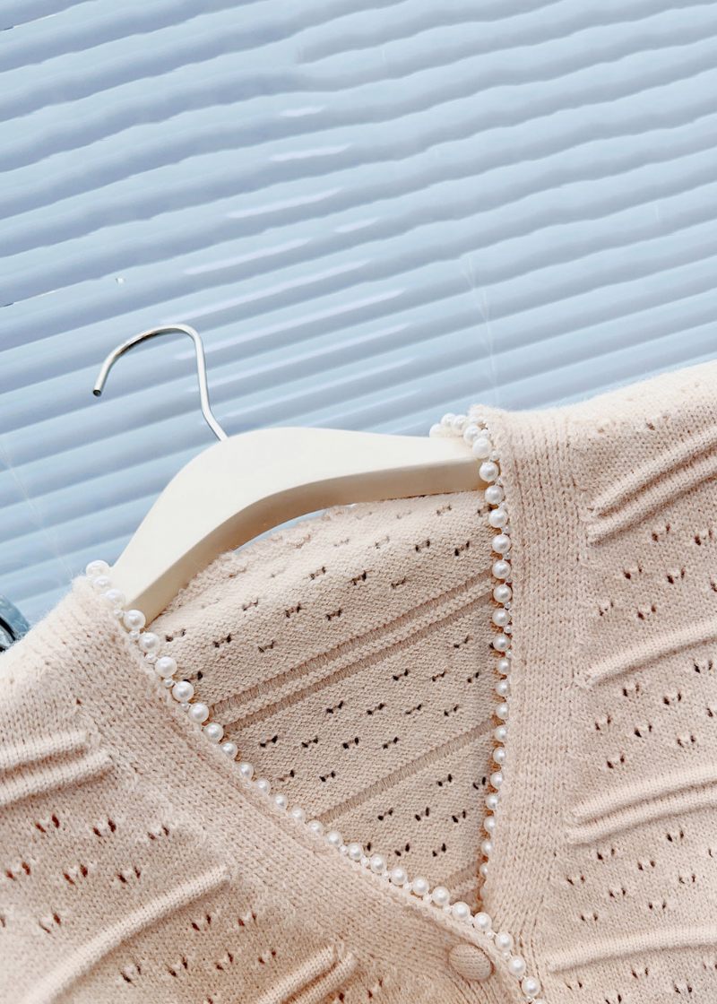 Ny Ljus Khaki Ruffled Pearl Patchwork Stickad Cardigan Spring - Koftor för kvinnor