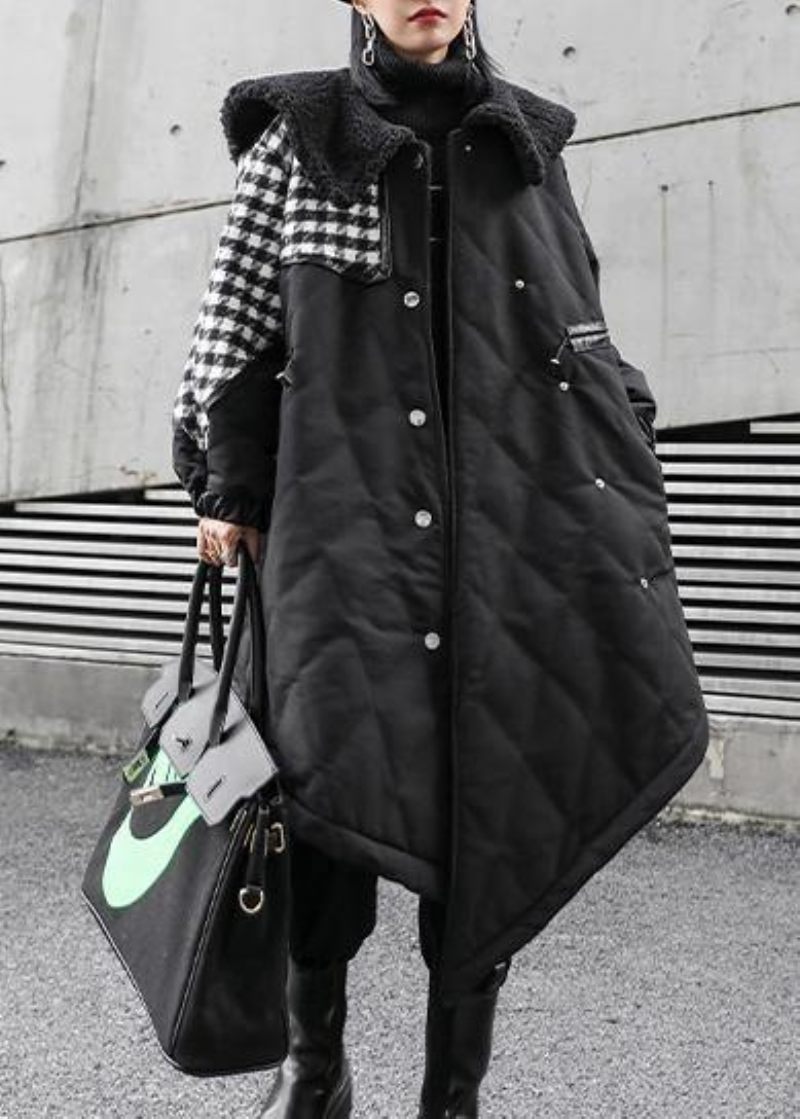 Ny Löst Sittande Vinterjacka Överrock Svart Patchwork Rutig Sailor Collar Kappa - Dunjackor för kvinnor