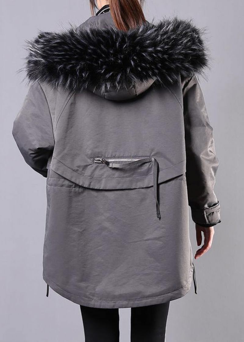 Ny Löst Sittande Vinterkappor Grå Luva Pälskrage Dam Parkas - Dunjackor för kvinnor