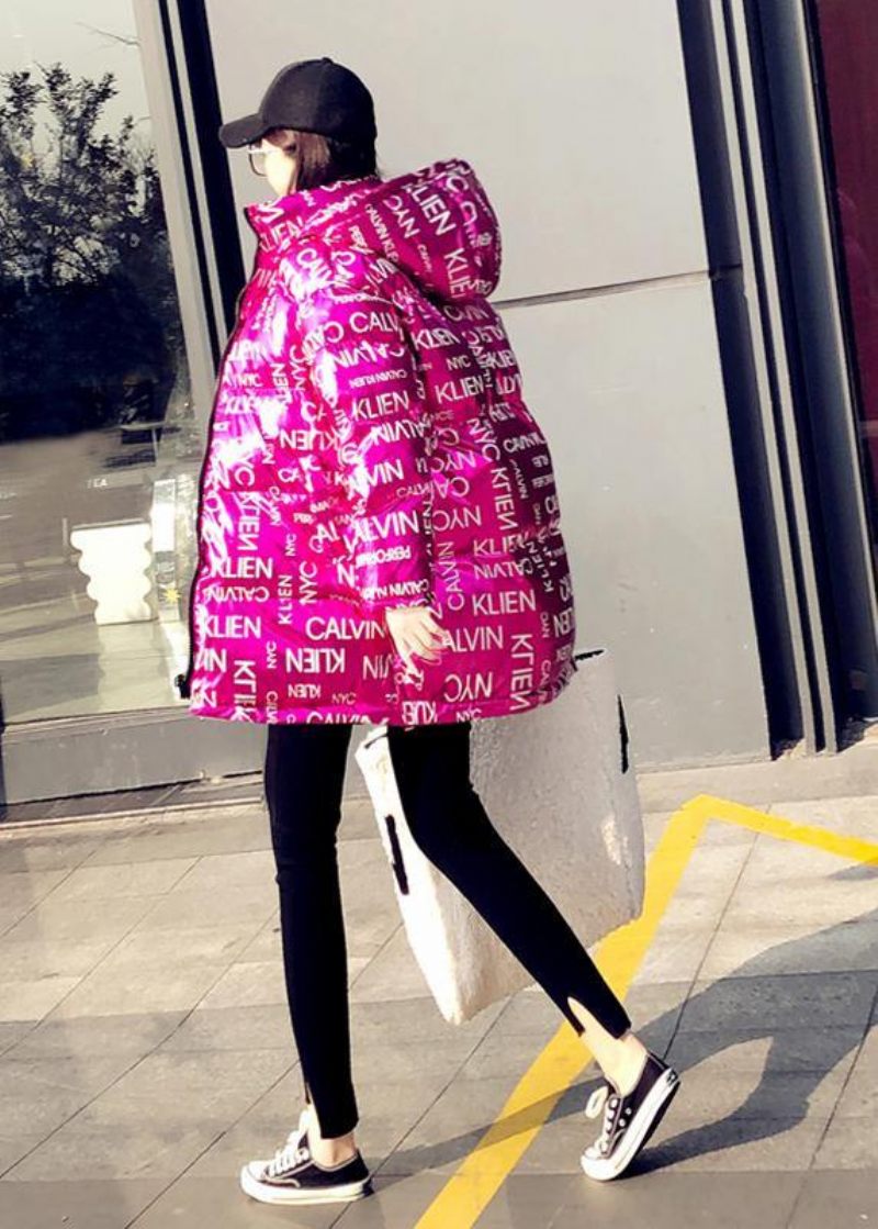 Ny Ros Letter Dunkappa Plus Size Kläder Snöjackor Huvfickor Lyxjackor - Rosa