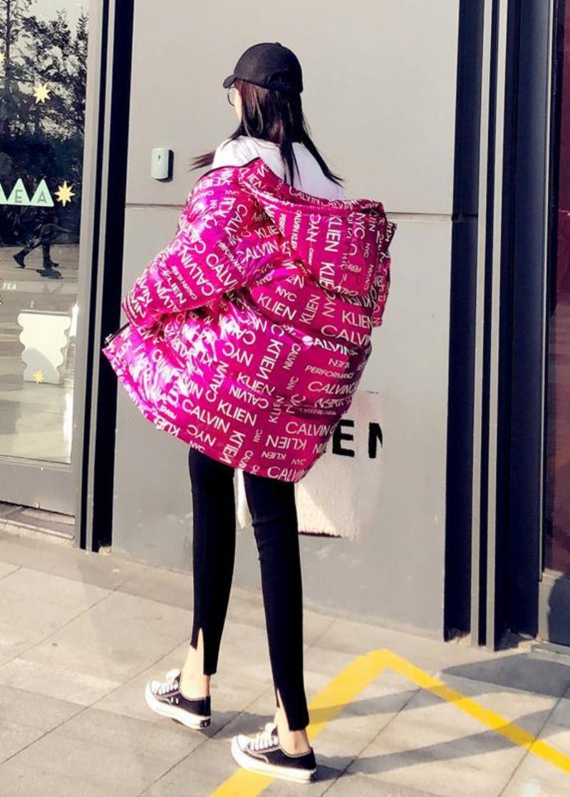 Ny Ros Letter Dunkappa Plus Size Kläder Snöjackor Huvfickor Lyxjackor - Rosa