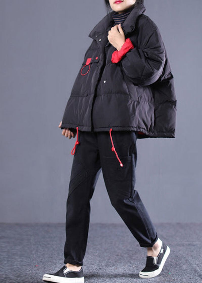 Ny Svart Plus Size Klädstativ Krage Quiltad Kappa Eleganta Fickor Med Dragsko Dunrock - Dunjackor för kvinnor