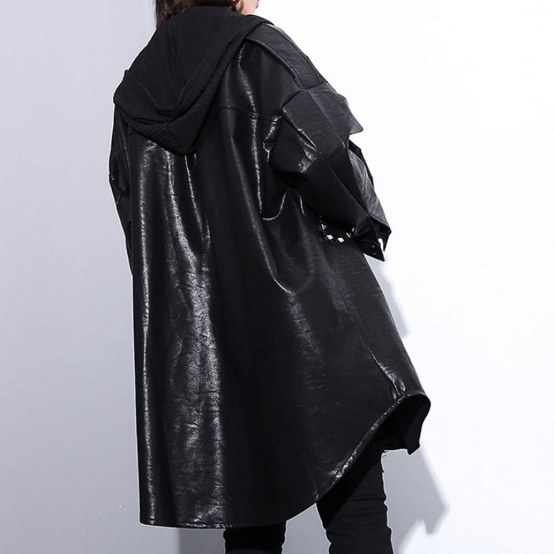 Ny Svart Pu Blus Oversize Lapel Krage Fickor T-shirt Elegant Långärmad Nit Pu-kappa - Vinterkappor för kvinnor