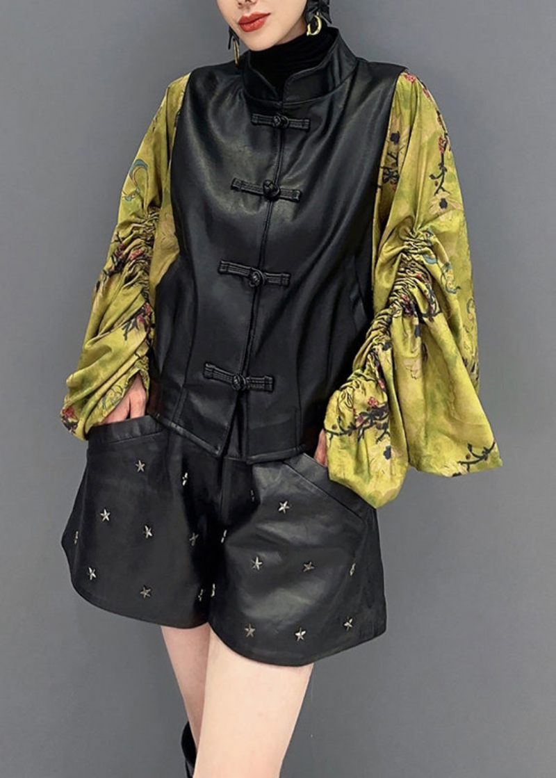 Ny Svart Tryck Skrynklig Konstläder Patchwork Coat Höst