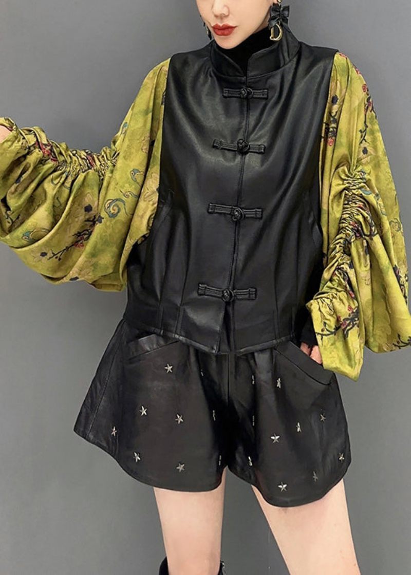 Ny Svart Tryck Skrynklig Konstläder Patchwork Coat Höst - Vinterkappor för kvinnor