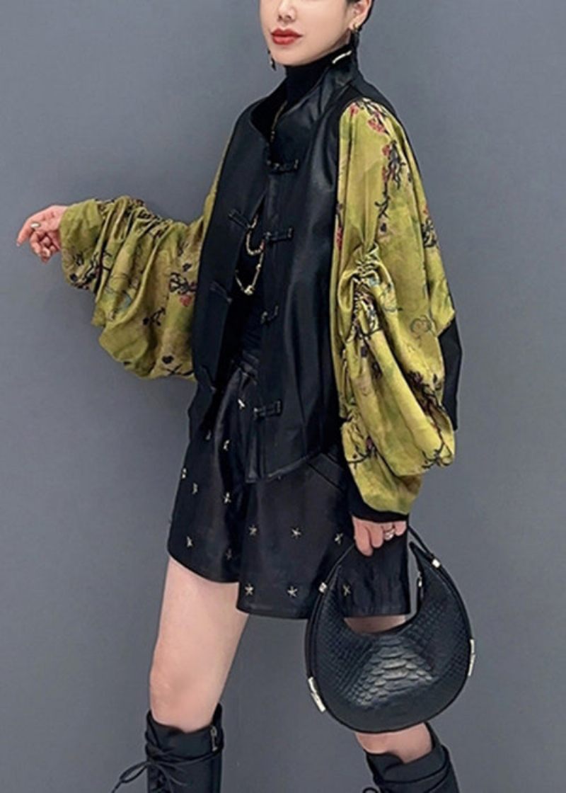 Ny Svart Tryck Skrynklig Konstläder Patchwork Coat Höst - Vinterkappor för kvinnor
