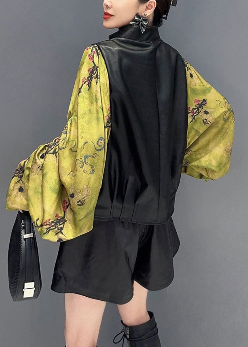 Ny Svart Tryck Skrynklig Konstläder Patchwork Coat Höst - Vinterkappor för kvinnor