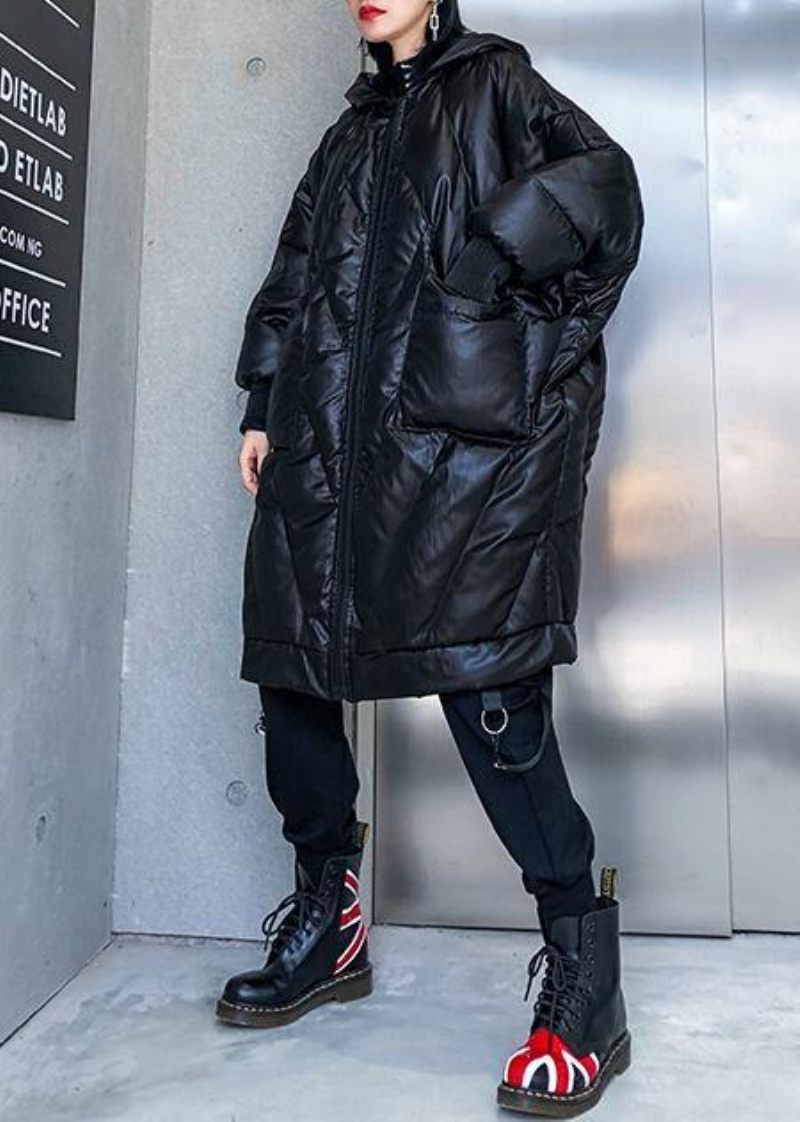 Ny Trendig Plus Size Vinterjacka Lös Vinterkappor Med Huva Svart Tjocka Fickor Kappa