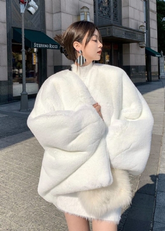 Ny Vit Solid V-hals Fuzzy Fur Fluffy Coats Långärmad