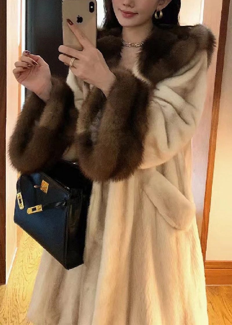 Nya Beige Hooded Pockets Patchwork Mink Hårrockar Vinter - Vinterkappor för kvinnor