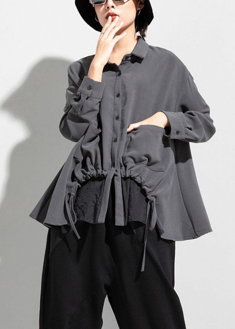 Nya Grey Pockets Dragsko I Asymmetrisk Design Höst Långärmad Topp - Svart