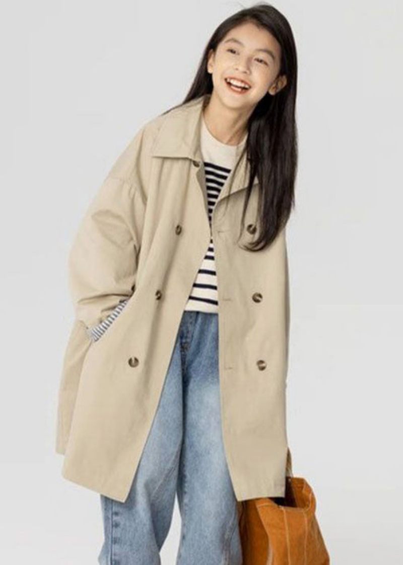 Nya Khaki Dubbla Bröstfickor Bomull Girls Trench Spring